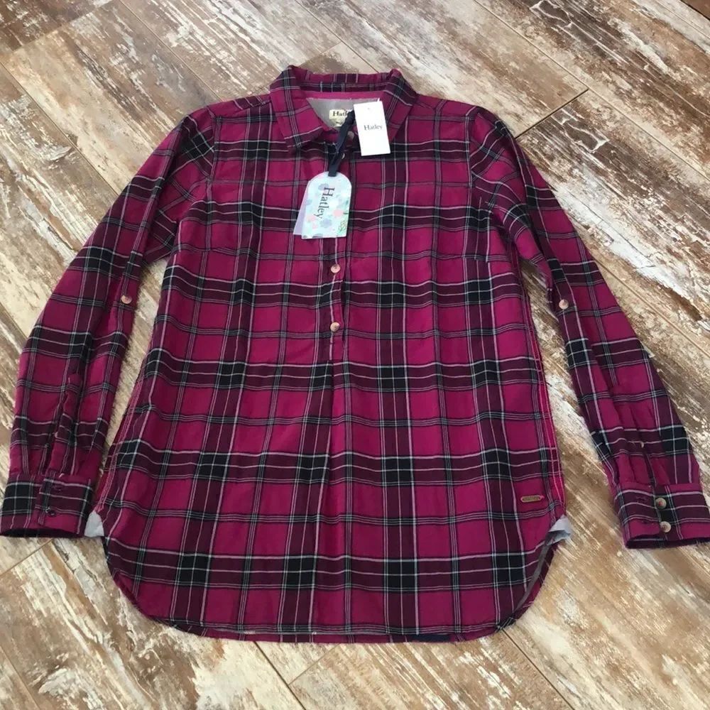 New Hatley Plaid Popover Blouse Half Button Front size Small
